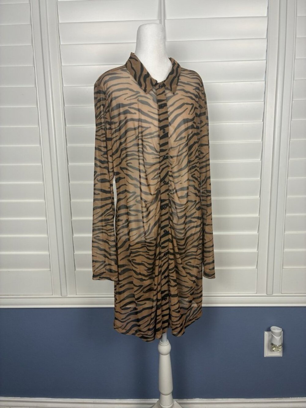 Women’s Brown Tiger Print Sheer Mesh Ruched Button Front Mini Dress Y2K Festival